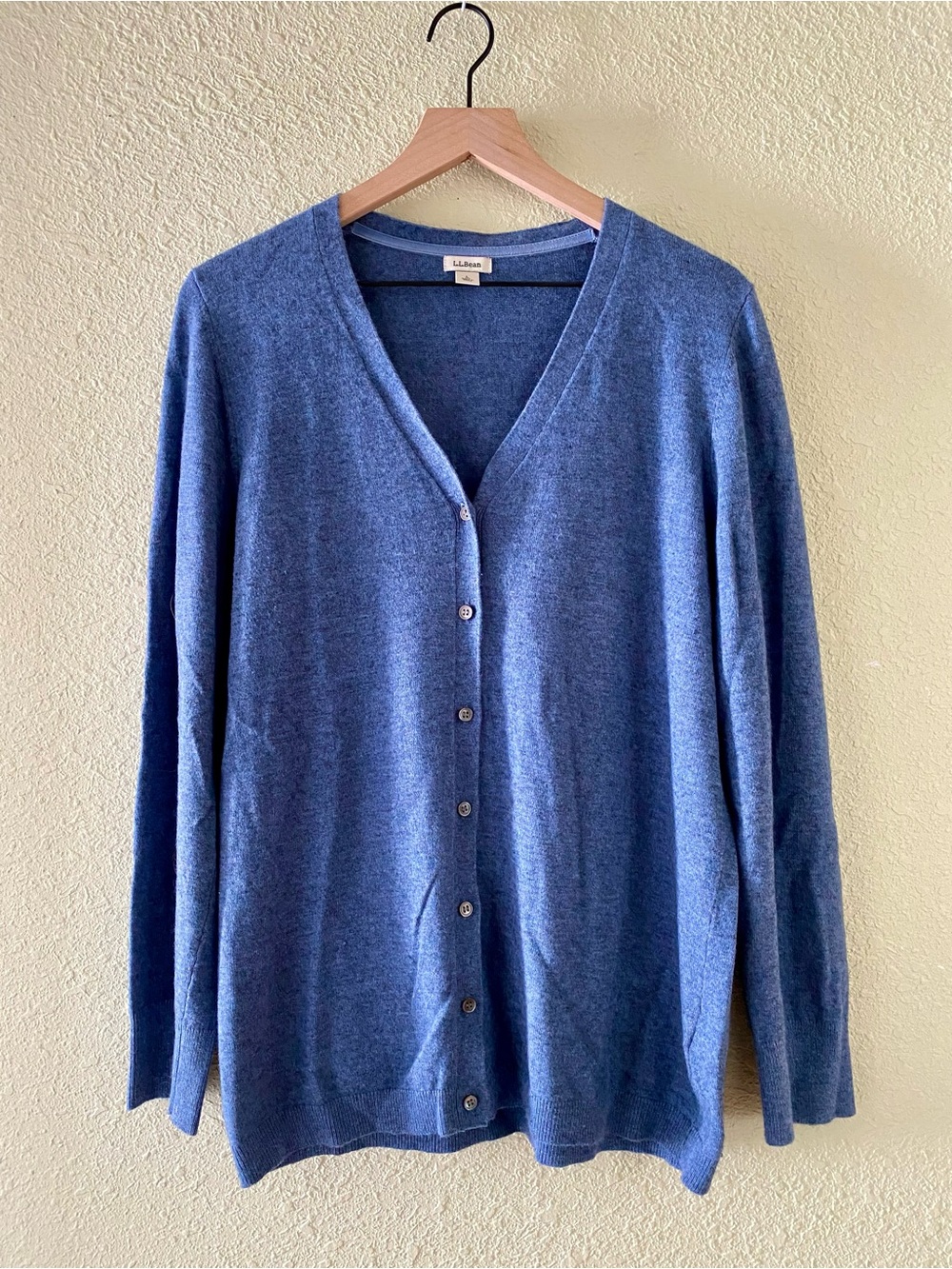 L.L. Bean Heathered Blue V-Neck Button-Front Cardigan